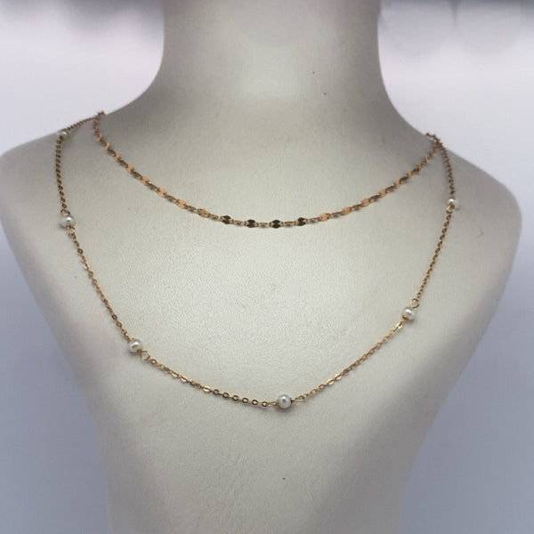 Collier double chaine avec perles or jaune 1,32 g