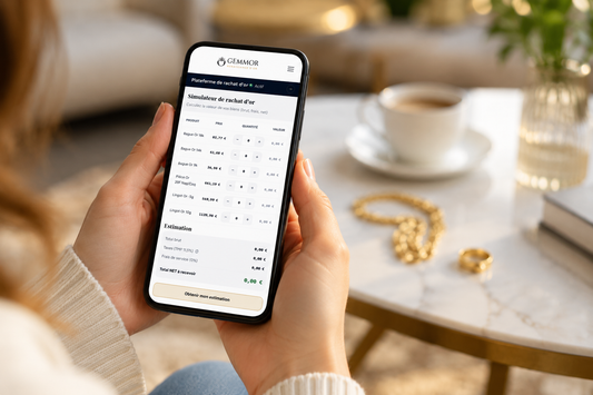 Personne à Bordeaux utilisant le simulateur en ligne GEMMOR sur son smartphone pour estimer la valeur de ses bijoux.