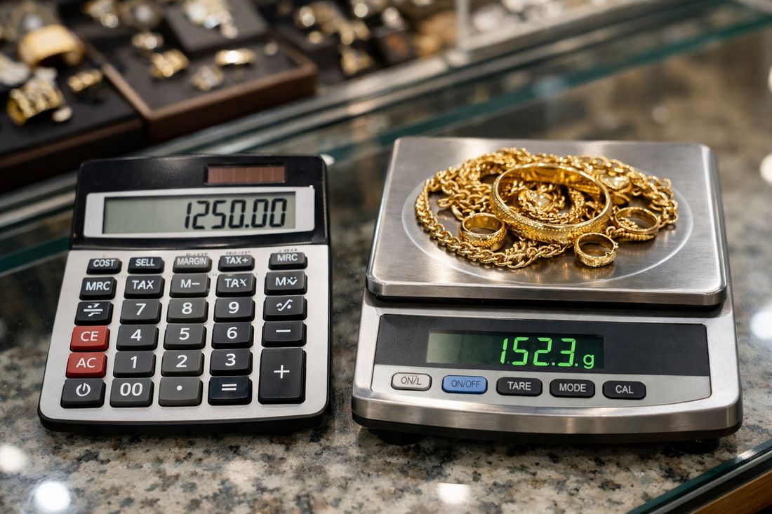 Calcul du prix de l'or 18 carats sur balance de précision chez Gemmor/Monex.