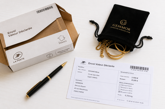 Préparation d'un kit d'envoi sécurisé GEMMOR contenant une enveloppe de transport haute sécurité et des bijoux en or.
