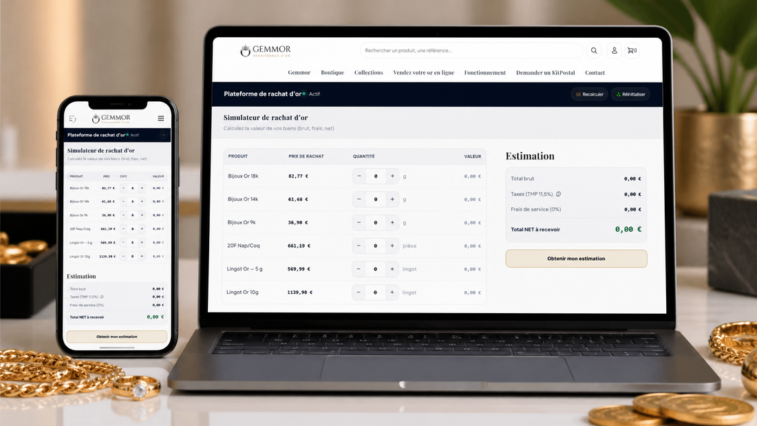 Interface du simulateur de prix de l'or sur le site GEMMOR.FR affichant une estimation en temps réel.