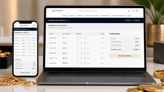 Interface du simulateur de prix de l'or sur le site GEMMOR.FR affichant une estimation en temps réel.