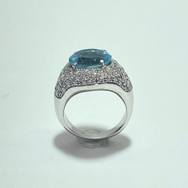 Bague diamants 1,6 carats et aigue-marine or blanc 12,8 g