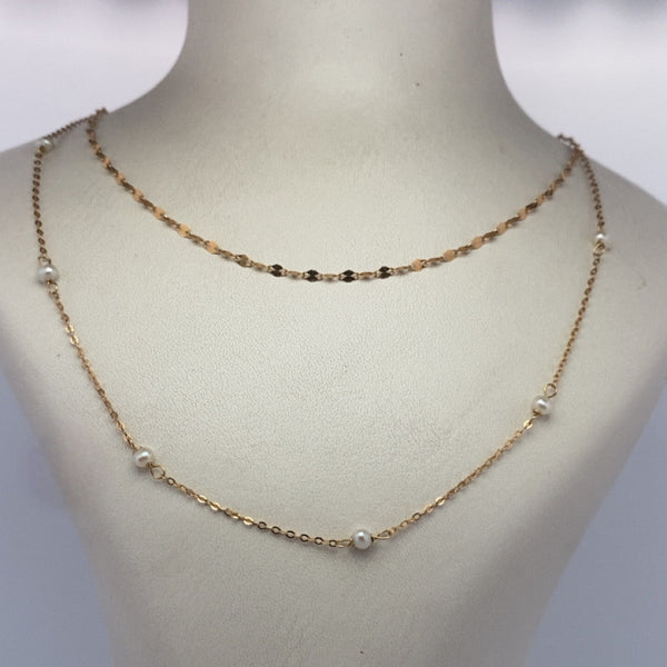 Collier double chaine avec perles or jaune 1,32 g