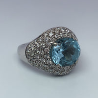 Bague diamants 1,6 carats et aigue-marine or blanc 12,8 g