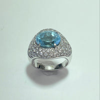 Bague diamants 1,6 carats et aigue-marine or blanc 12,8 g